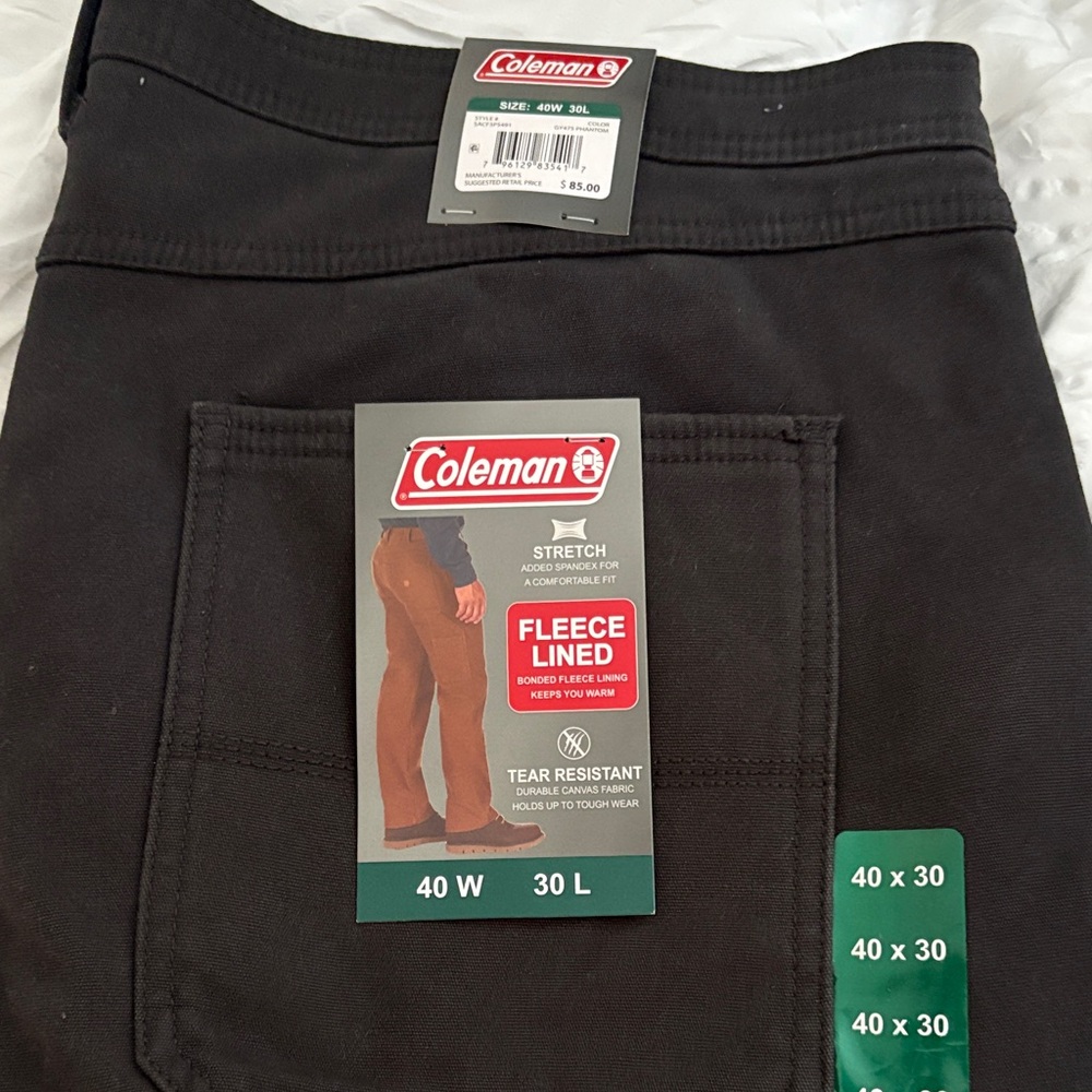 Men’s size 40/30 Coleman Black Fleece-Lined Work Pants. Color is Phantom Gray